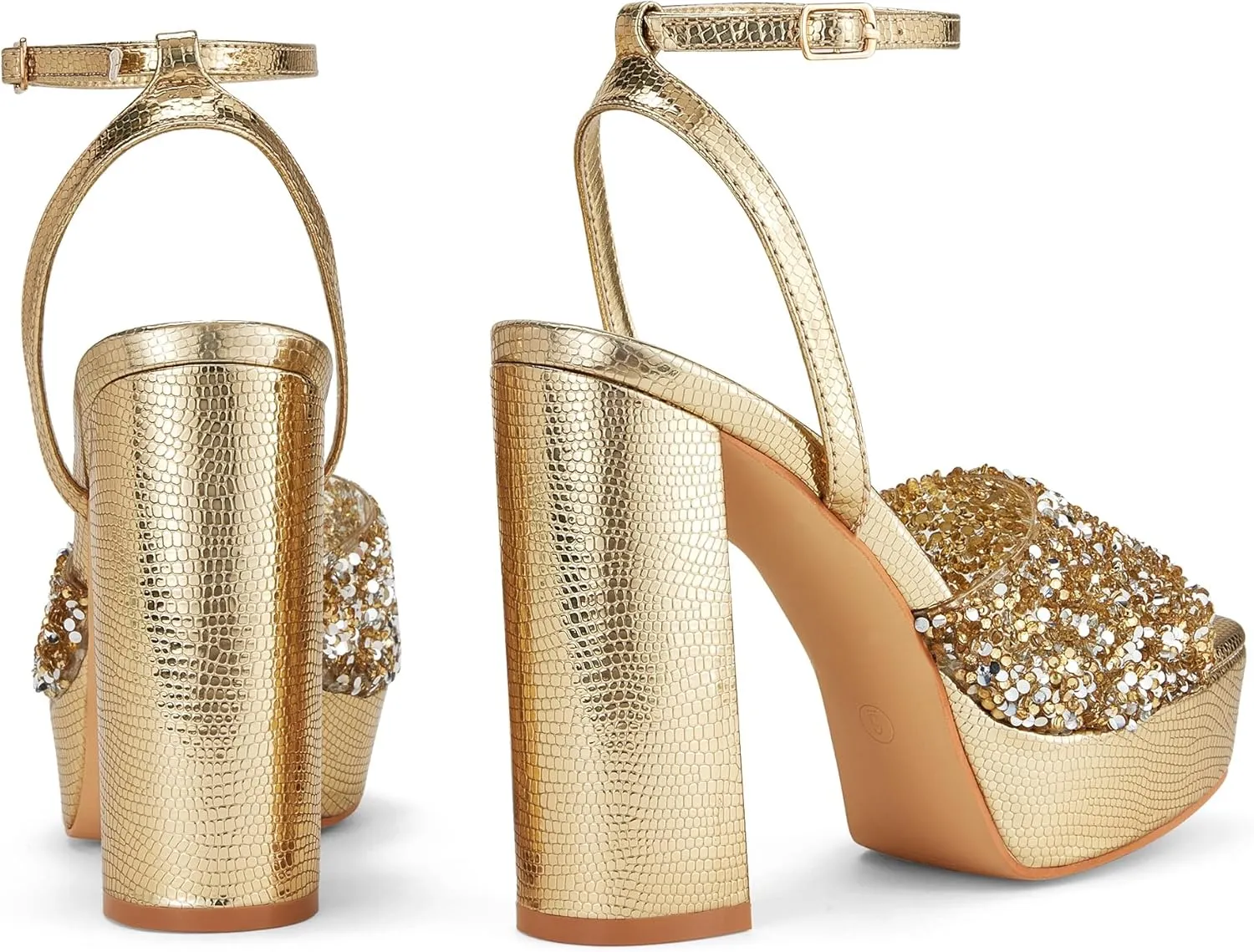 Elisabet Tang 4IN rhinstone square toe platform strappy chunky block dressy heeled sandals sparkly Lizard pattern leather heels for evening prom