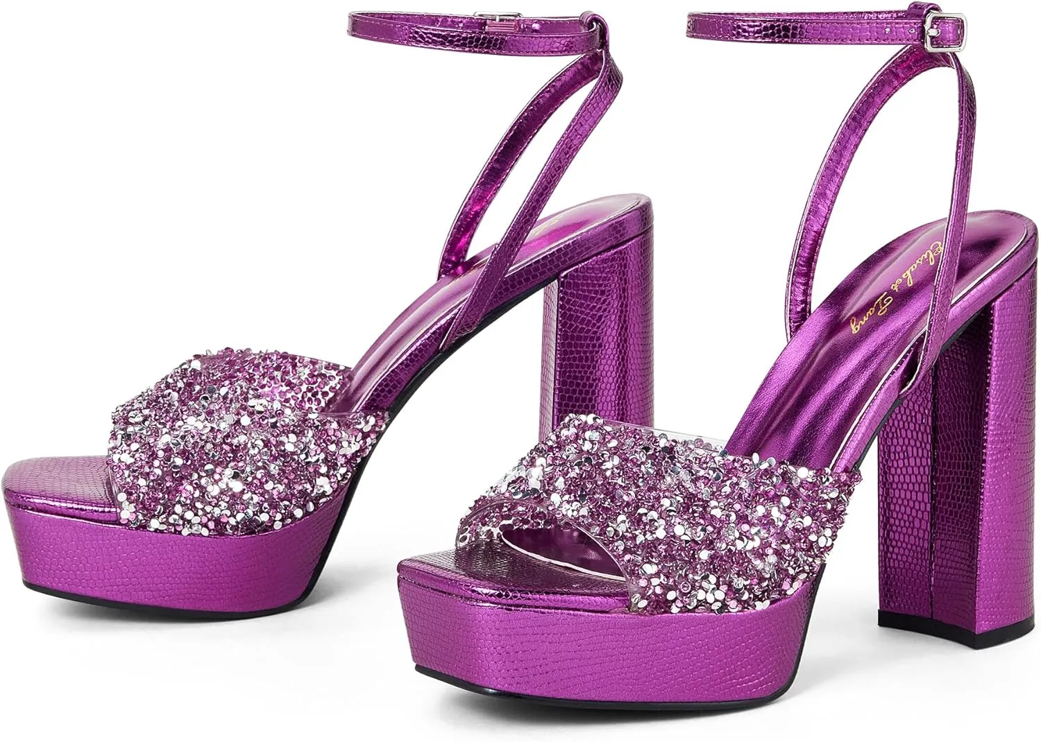 Elisabet Tang 4IN rhinstone square toe platform strappy chunky block dressy heeled sandals sparkly Lizard pattern leather heels for evening prom