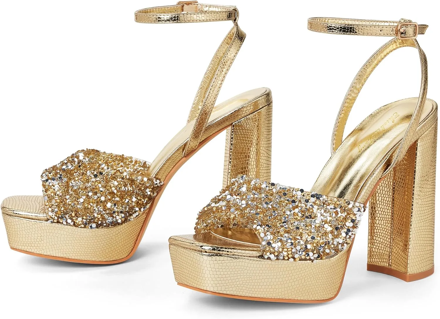 Elisabet Tang 4IN rhinstone square toe platform strappy chunky block dressy heeled sandals sparkly Lizard pattern leather heels for evening prom