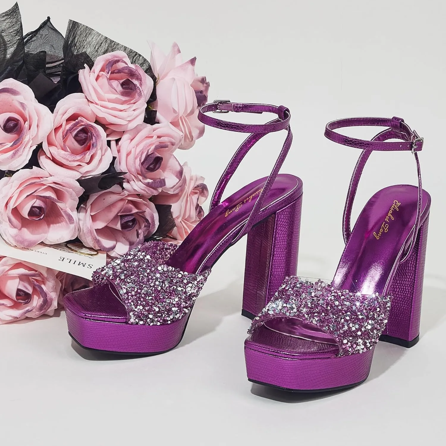 Elisabet Tang 4IN rhinstone square toe platform strappy chunky block dressy heeled sandals sparkly Lizard pattern leather heels for evening prom