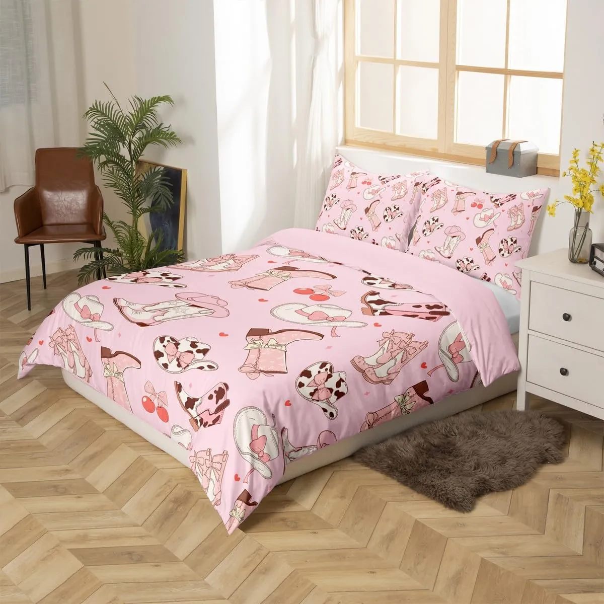 Erosebridal Cowgirl Boots Bedding Set Kawaii Pink Bow Tie Duvet Cover Kids Full Size Rustic Brown Cowhide Comforter Cover for Girls Teens Cute Groovy Flowers Bed Cover Bedroom Decor