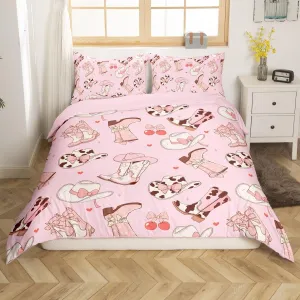 Erosebridal Cowgirl Boots Bedding Set Kawaii Pink Bow Tie Duvet Cover Kids Full Size Rustic Brown Cowhide Comforter Cover for Girls Teens Cute Groovy Flowers Bed Cover Bedroom Decor