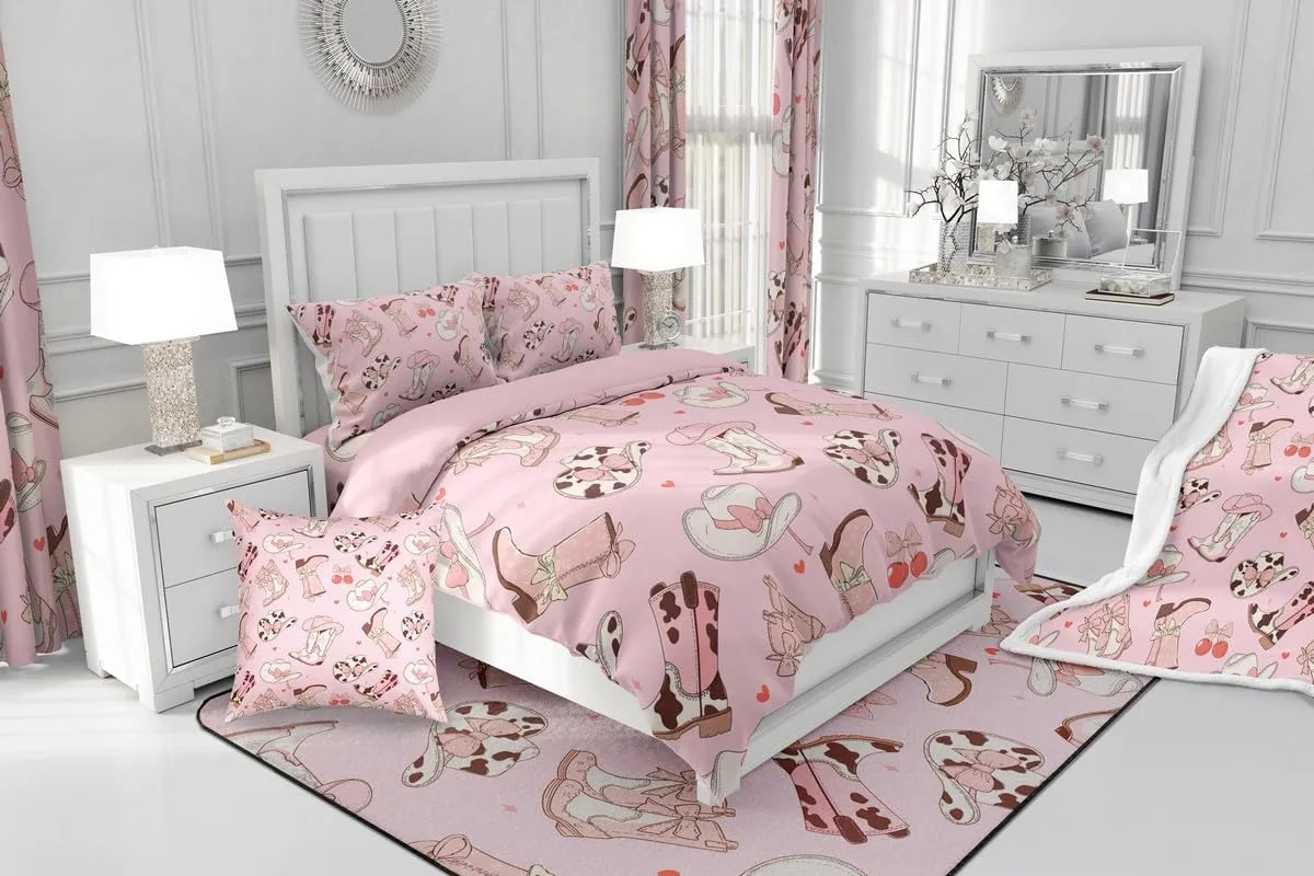 Erosebridal Cowgirl Boots Bedding Set Kawaii Pink Bow Tie Duvet Cover Kids Full Size Rustic Brown Cowhide Comforter Cover for Girls Teens Cute Groovy Flowers Bed Cover Bedroom Decor