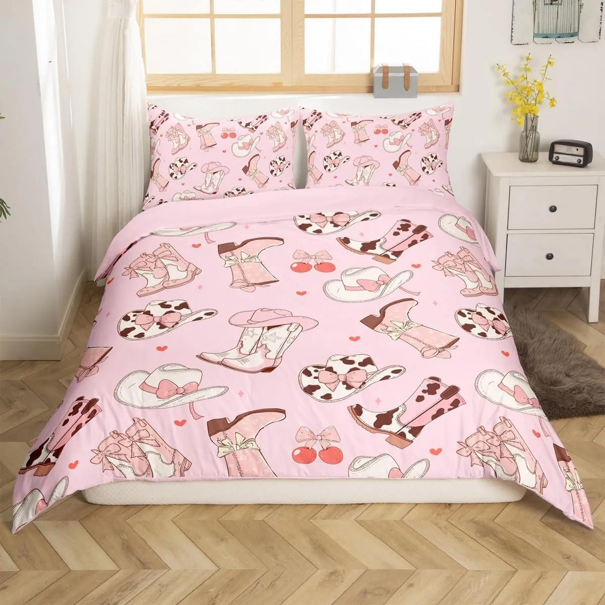 Erosebridal Cowgirl Boots Bedding Set Kawaii Pink Bow Tie Duvet Cover Kids Full Size Rustic Brown Cowhide Comforter Cover for Girls Teens Cute Groovy Flowers Bed Cover Bedroom Decor