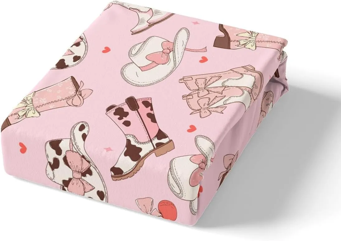 Erosebridal Cowgirl Boots Bedding Set Kawaii Pink Bow Tie Duvet Cover Kids Full Size Rustic Brown Cowhide Comforter Cover for Girls Teens Cute Groovy Flowers Bed Cover Bedroom Decor