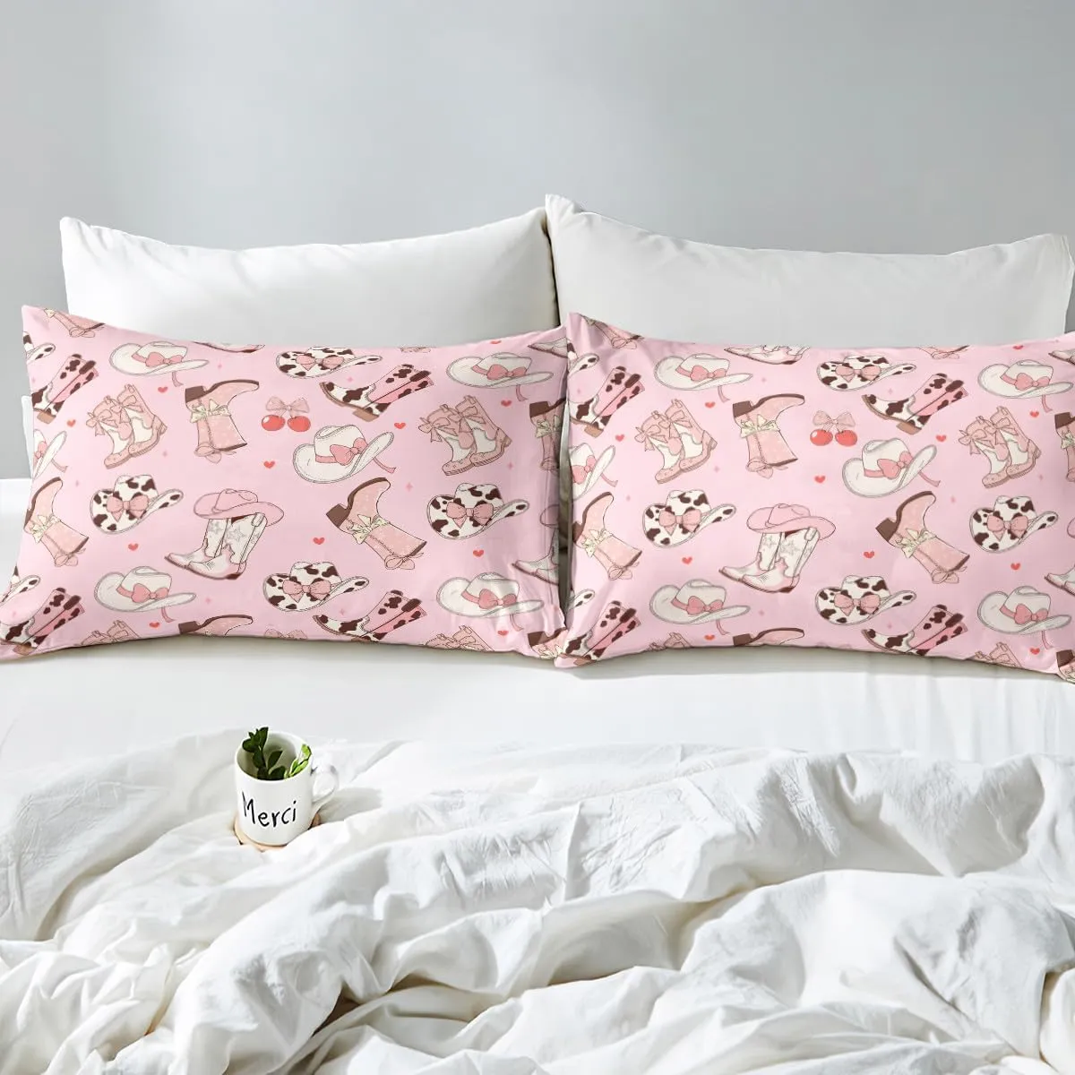 Erosebridal Cowgirl Boots Bedding Set Kawaii Pink Bow Tie Duvet Cover Kids Full Size Rustic Brown Cowhide Comforter Cover for Girls Teens Cute Groovy Flowers Bed Cover Bedroom Decor