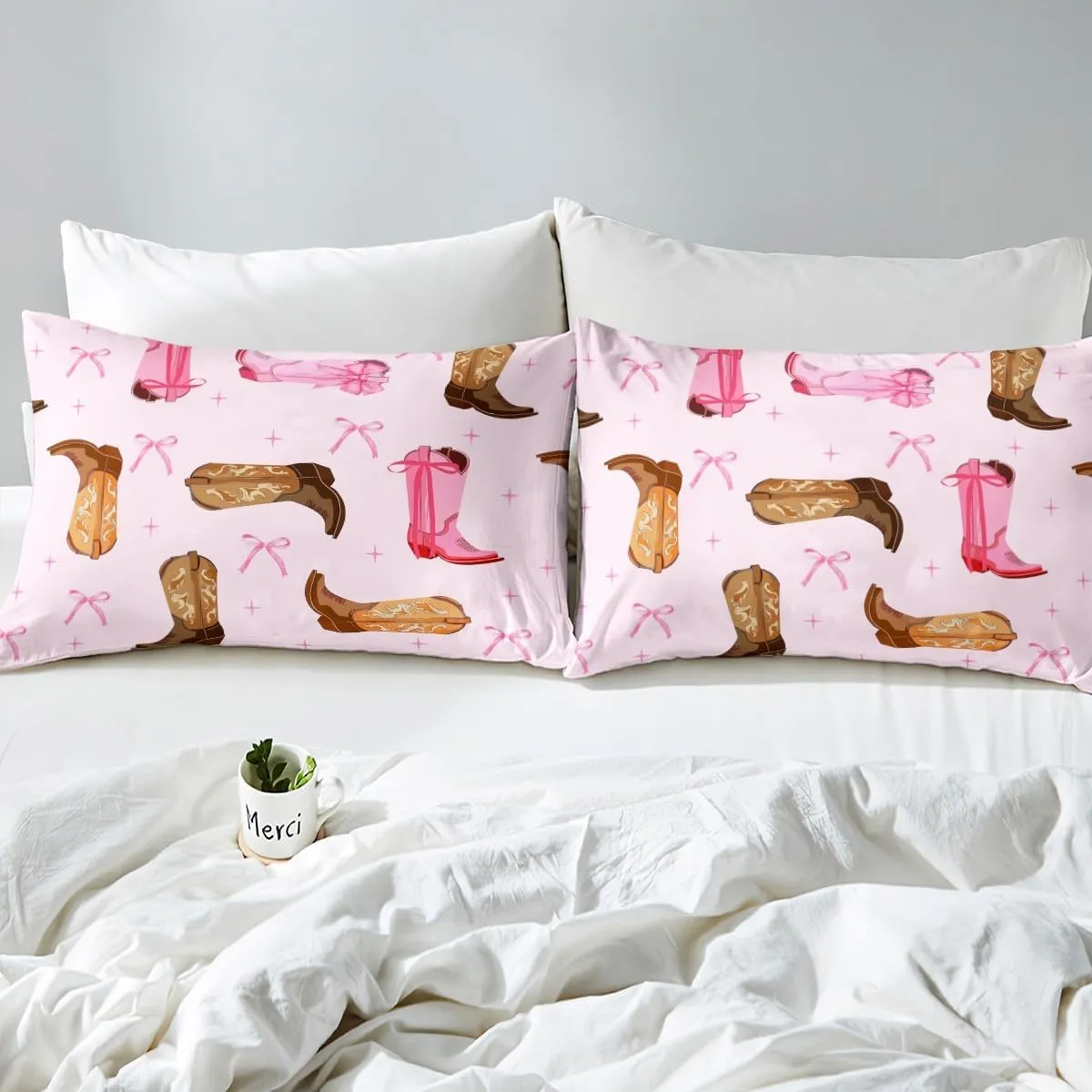 Erosebridal Girls Cowgirl Boots Woman Bedding Sets Cowboy Bowknot Queen Comforter Sets,Pink Bow Decor Rustic Down Comforter for Woman Girls Princess Bow Knot Starry Sky Comforter