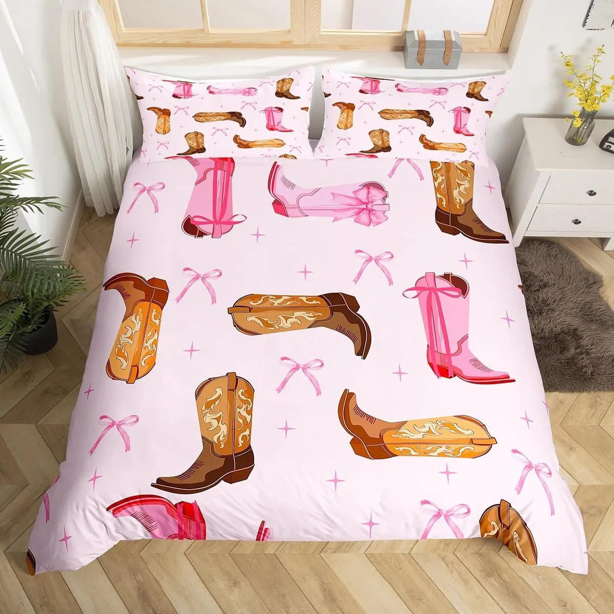 Erosebridal Girls Cowgirl Boots Woman Bedding Sets Cowboy Bowknot Queen Comforter Sets,Pink Bow Decor Rustic Down Comforter for Woman Girls Princess Bow Knot Starry Sky Comforter