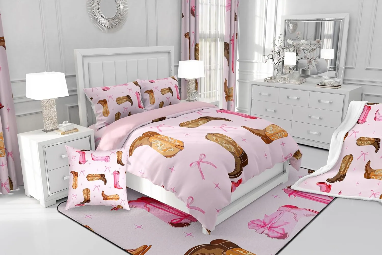 Erosebridal Girls Cowgirl Boots Woman Bedding Sets Cowboy Bowknot Queen Comforter Sets,Pink Bow Decor Rustic Down Comforter for Woman Girls Princess Bow Knot Starry Sky Comforter