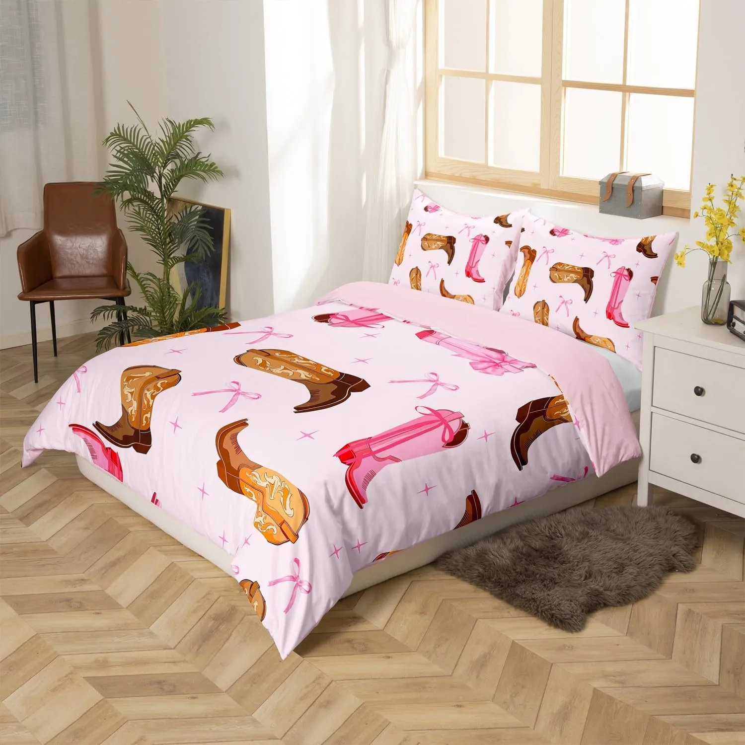 Erosebridal Girls Cowgirl Boots Woman Bedding Sets Cowboy Bowknot Queen Comforter Sets,Pink Bow Decor Rustic Down Comforter for Woman Girls Princess Bow Knot Starry Sky Comforter