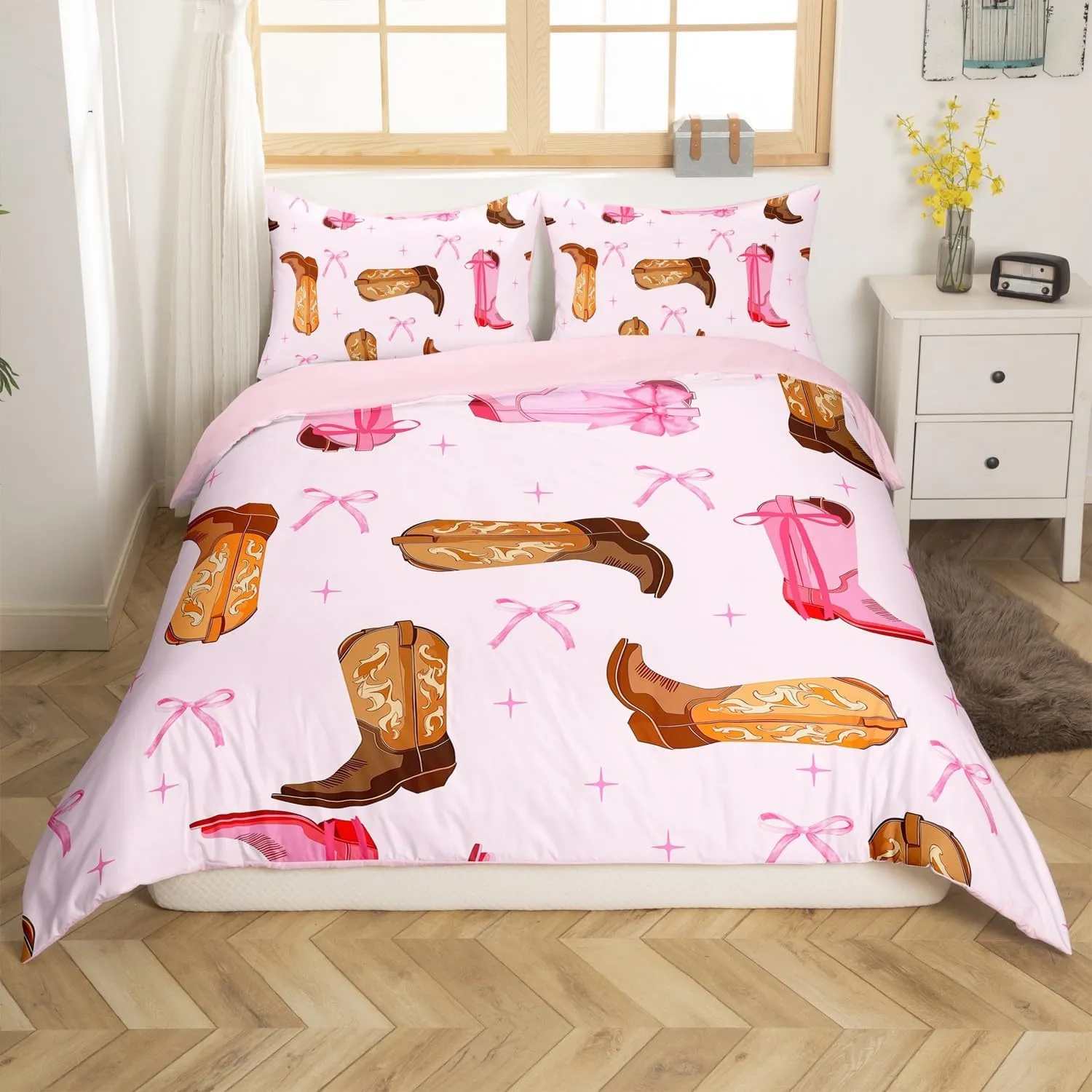 Erosebridal Girls Cowgirl Boots Woman Bedding Sets Cowboy Bowknot Queen Comforter Sets,Pink Bow Decor Rustic Down Comforter for Woman Girls Princess Bow Knot Starry Sky Comforter