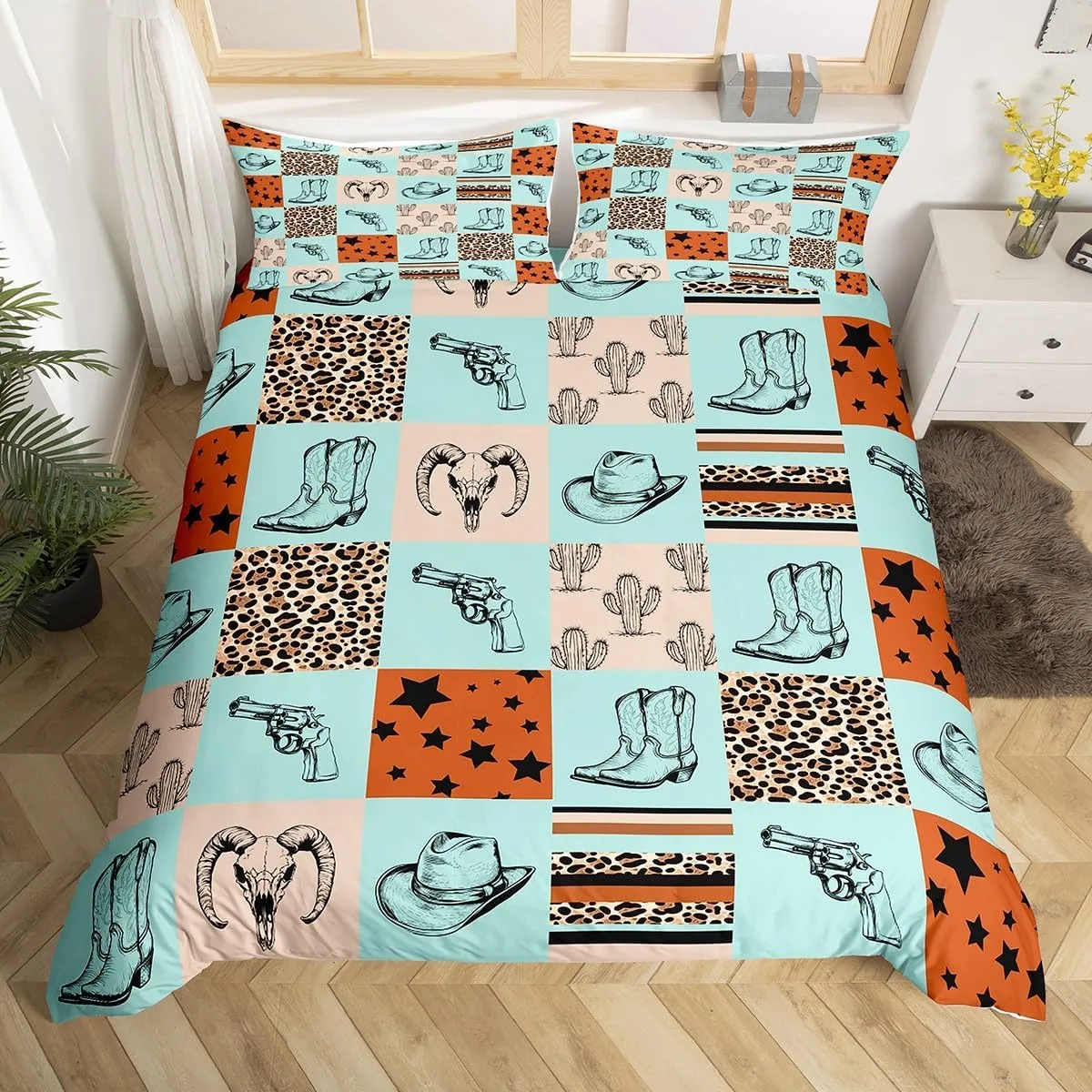 Erosebridal Western Duvet Cover Queen,Cowgirl Boots Bedding Set for Kids Boys Girls Wild West Cow Print Comforter Cover Western Decor Bed Set Wild West Leopard Print Quilt Cover,Brown