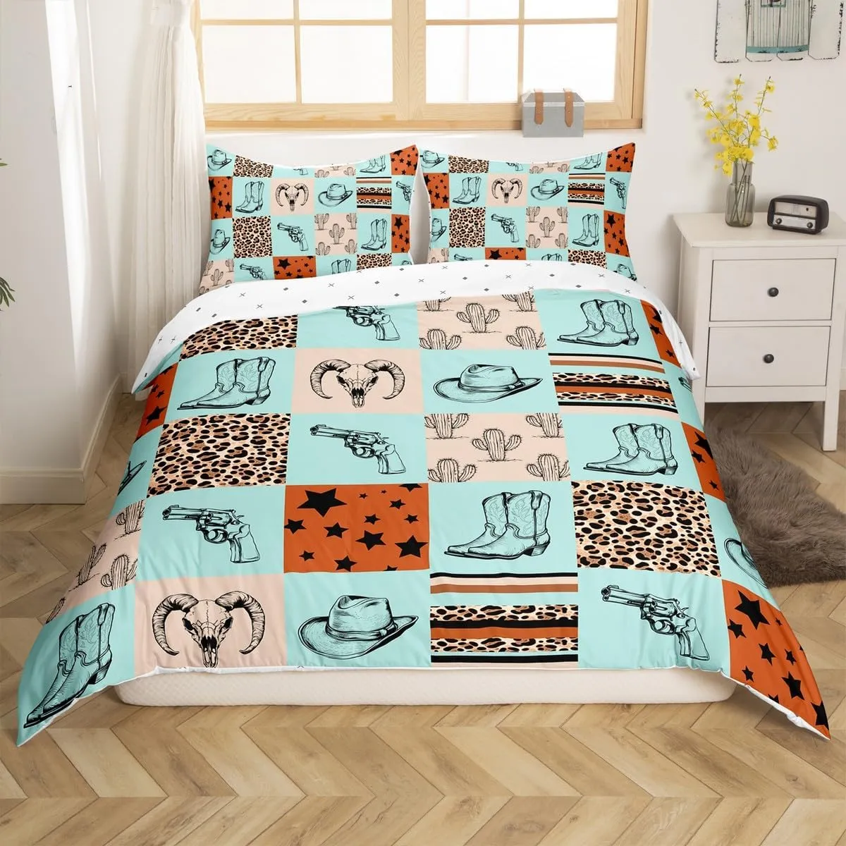 Erosebridal Western Duvet Cover Queen,Cowgirl Boots Bedding Set for Kids Boys Girls Wild West Cow Print Comforter Cover Western Decor Bed Set Wild West Leopard Print Quilt Cover,Brown