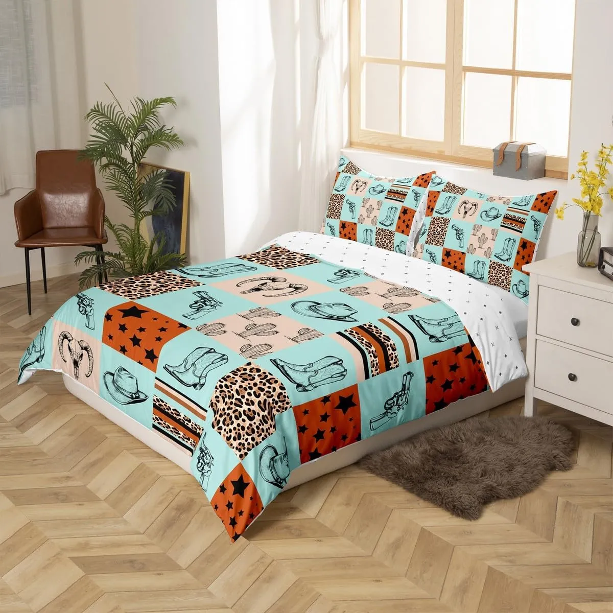 Erosebridal Western Duvet Cover Queen,Cowgirl Boots Bedding Set for Kids Boys Girls Wild West Cow Print Comforter Cover Western Decor Bed Set Wild West Leopard Print Quilt Cover,Brown