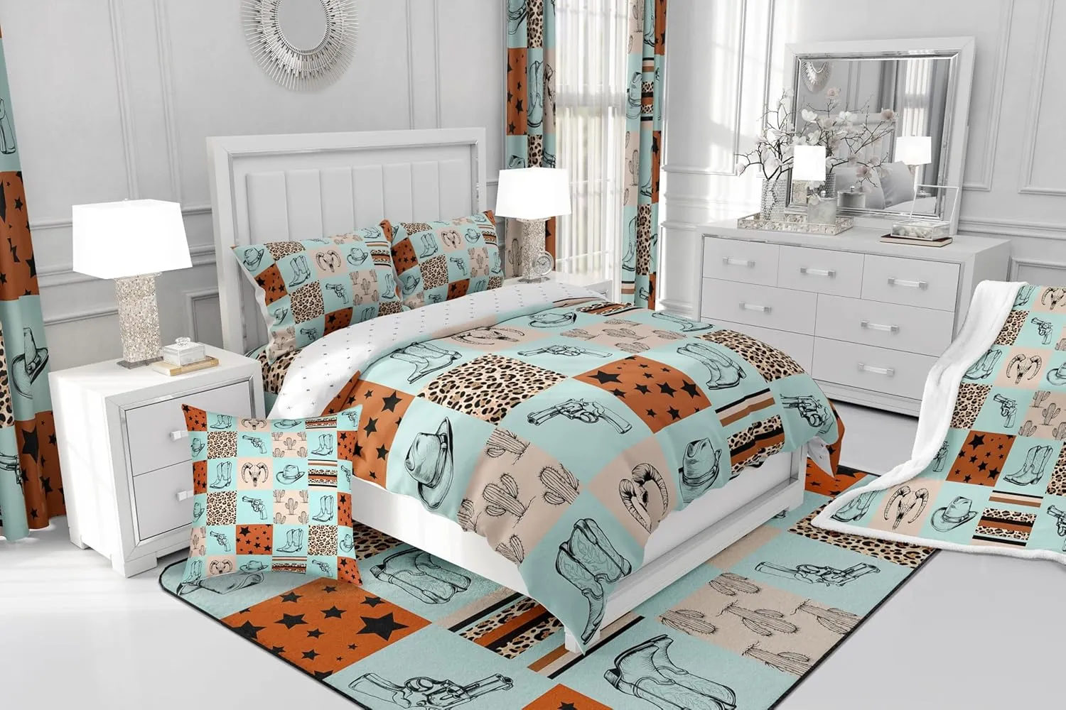 Erosebridal Western Duvet Cover Queen,Cowgirl Boots Bedding Set for Kids Boys Girls Wild West Cow Print Comforter Cover Western Decor Bed Set Wild West Leopard Print Quilt Cover,Brown