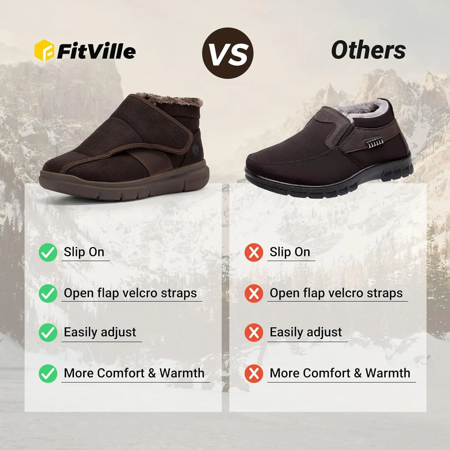 FitVille Diabetic Shoes for Women Wide Width Warm Slip-on Swollen Feet Shoes Boots Lightweight Adjustable Closure Walking Shoes for Elderly Foot Pain Relief Neuropathy