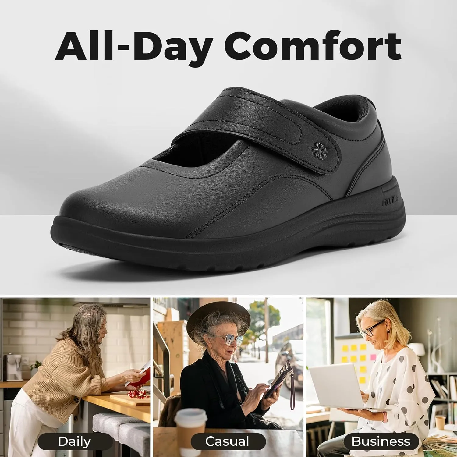FitVille Women Wide Classic Mary Jane Shoes Flats Casual Dress Shoes Lightweight Comfort Walking Shoes for Plantar Fasciitis Bunions