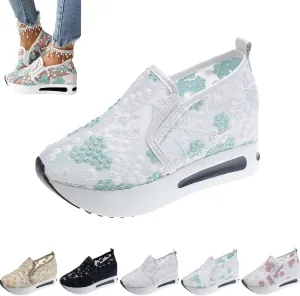 Floral Embroidery Breathable Sheer Mesh Sneakers, 2023 New Platform Shoes Hidden Wedge Heel High Top Sneakers, Wedge Sneakers with Embroidery for Women