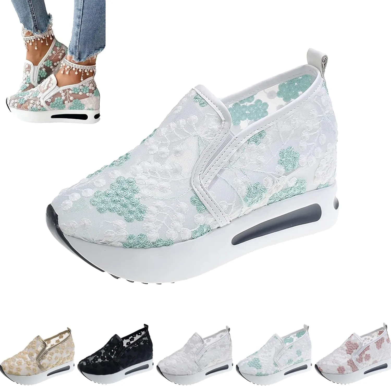 Floral Embroidery Breathable Sheer Mesh Sneakers, 2023 New Platform Shoes Hidden Wedge Heel High Top Sneakers, Wedge Sneakers with Embroidery for Women