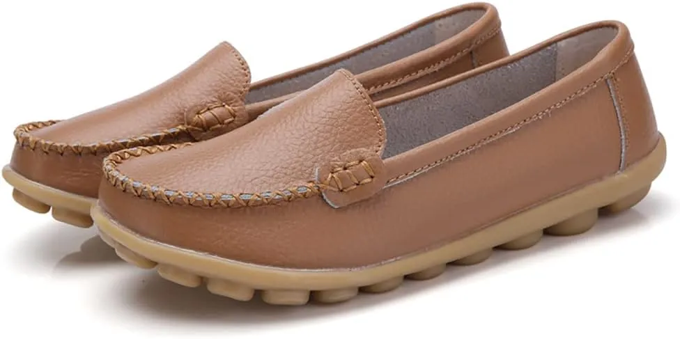 FolHaoth Womens Leather Loafers Comfortable Slip On Flats Casual Shoes Round Toe Moccasins Wild Walking Nurse Breathable Driving Fashion Soft Shoes