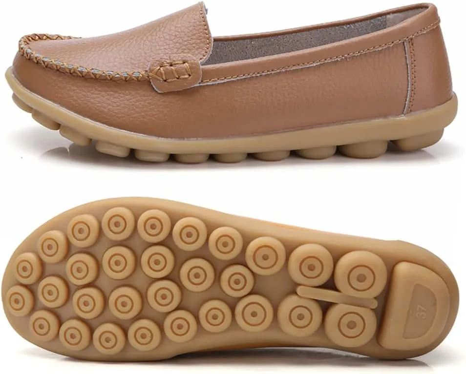 FolHaoth Womens Leather Loafers Comfortable Slip On Flats Casual Shoes Round Toe Moccasins Wild Walking Nurse Breathable Driving Fashion Soft Shoes
