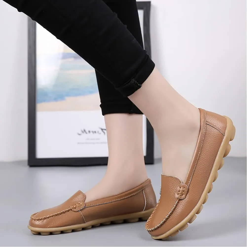 FolHaoth Womens Leather Loafers Comfortable Slip On Flats Casual Shoes Round Toe Moccasins Wild Walking Nurse Breathable Driving Fashion Soft Shoes