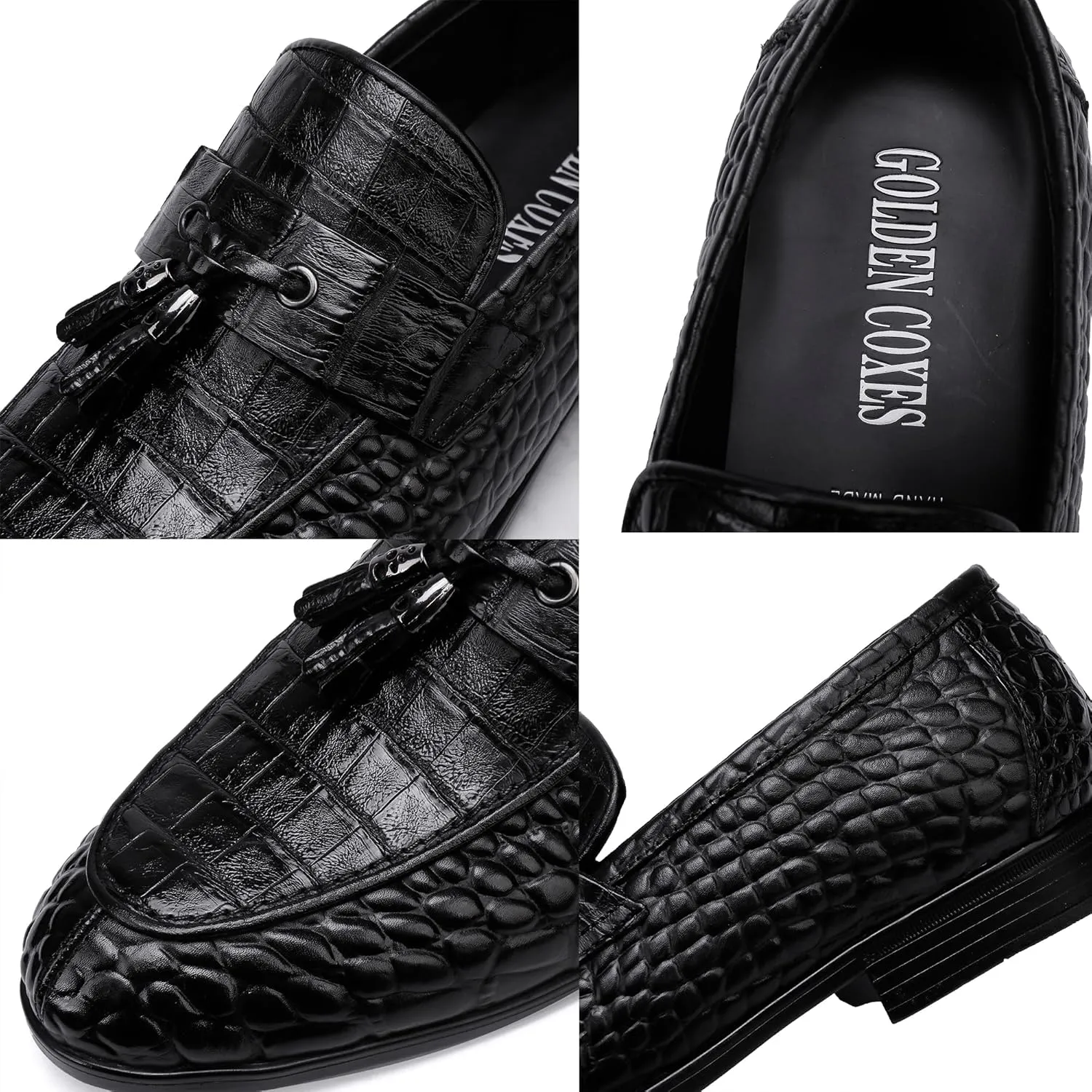 Formal Mens Leather Dress Shoes, Classic Ostrich Pattern Slip On Buckle Loafers Business Shoes Party Wedding Leather Loafers for Mens, Black