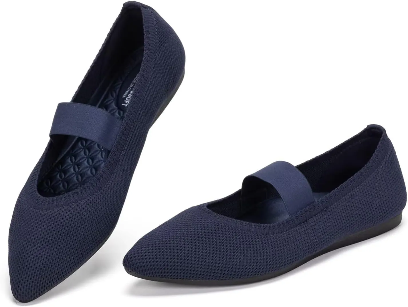 Frank Mully Womens Knit Flats Pointed-Toe Shoes with Elastic Straps Ballerina Flat Shoes for Women Dressy