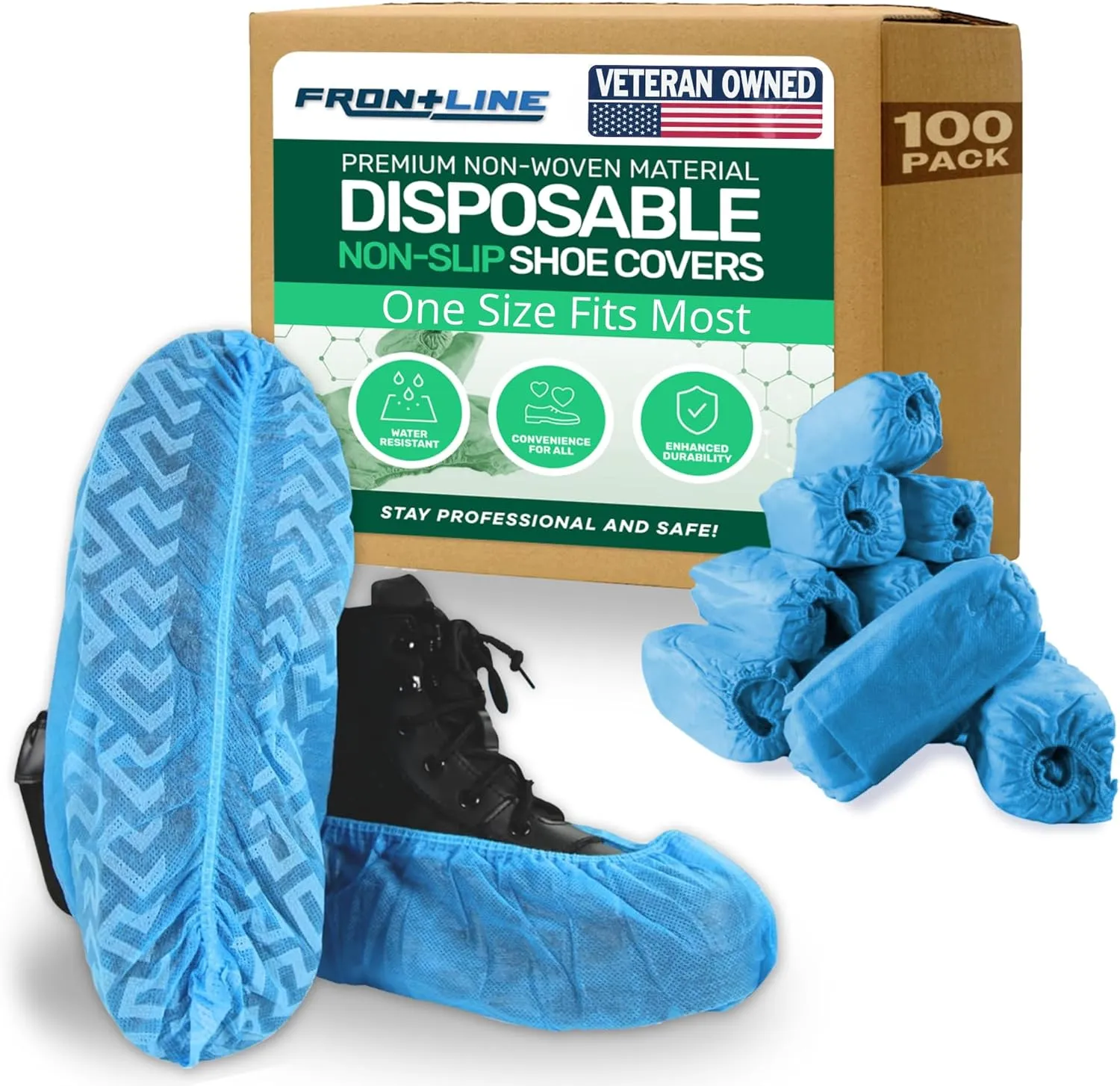 Frontline Disposable Shoe Covers Non-Slip – Premium Non-Woven, Durable, Booties Shoe Protectors – Water Resistant Thick Anti-Slip - One Size Fits Most, Indoor Use (100 Pack)