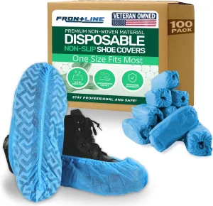 Frontline Disposable Shoe Covers Non-Slip – Premium Non-Woven, Durable, Booties Shoe Protectors – Water Resistant Thick Anti-Slip - One Size Fits Most, Indoor Use (100 Pack)