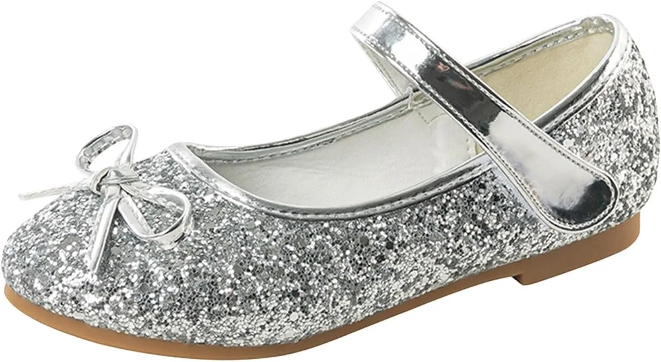 Girls Glitter Princess Dress Shoes Cute Bowknot Mary Jane Low Heels Party Wedding Prom Footwear for Toddler Kids