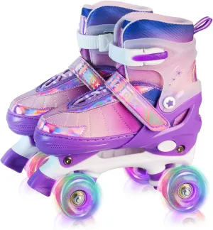 Girls Roller Skates for Kids Beginners Ages 5-12, Pink Purple Rainbow Adjustable Quad Rollerskates for Youth with All Light up Wheels Skating Shoes for Outdoor Sports