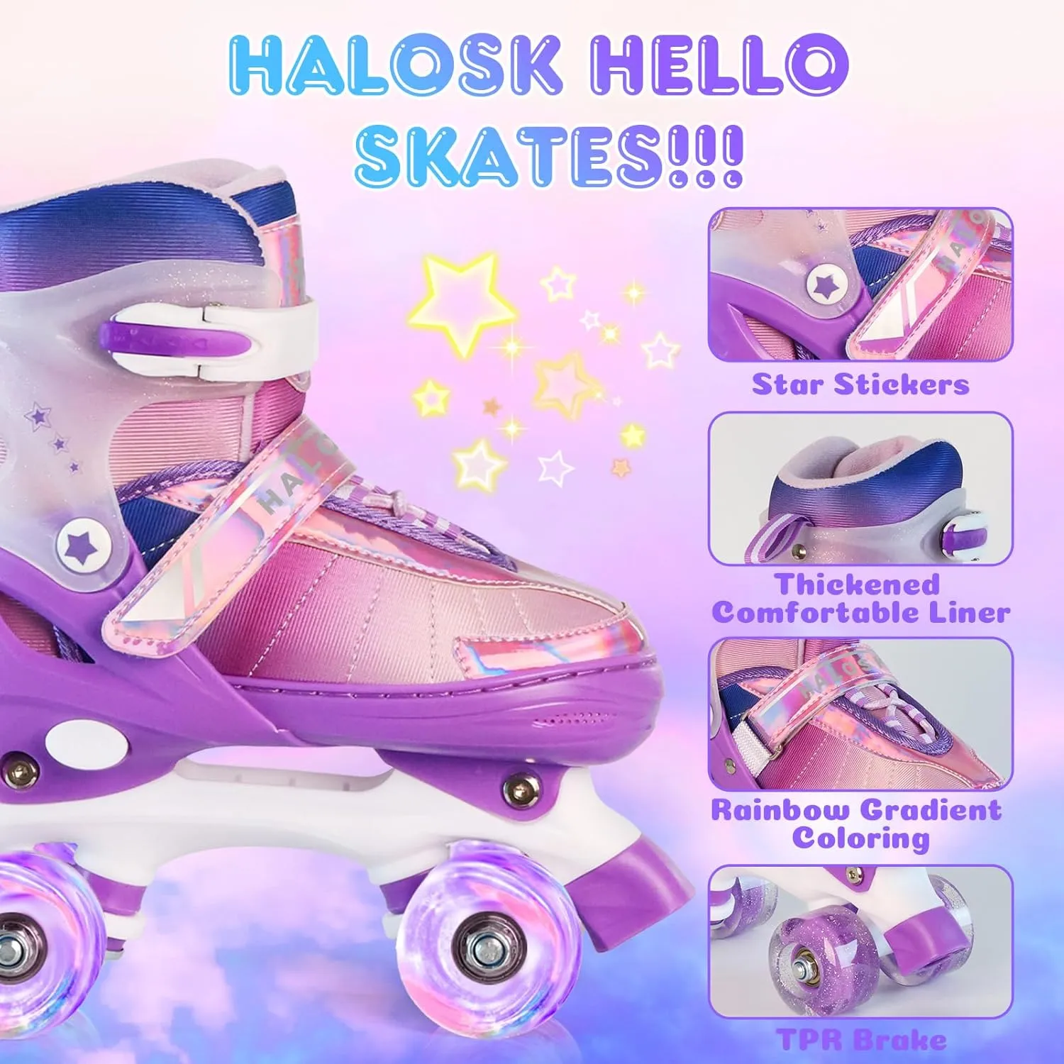 Girls Roller Skates for Kids Beginners Ages 5-12, Pink Purple Rainbow Adjustable Quad Rollerskates for Youth with All Light up Wheels Skating Shoes for Outdoor Sports