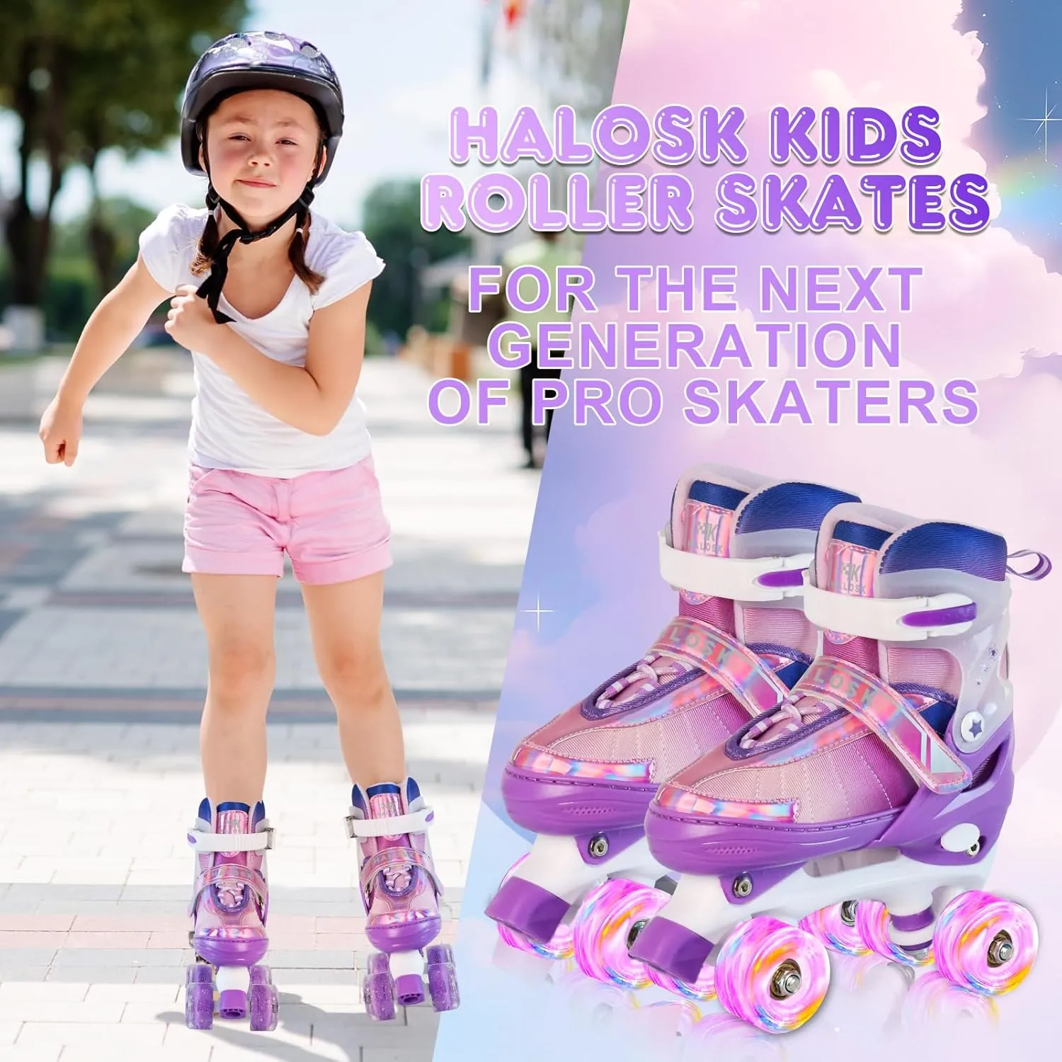 Girls Roller Skates for Kids Beginners Ages 5-12, Pink Purple Rainbow Adjustable Quad Rollerskates for Youth with All Light up Wheels Skating Shoes for Outdoor Sports