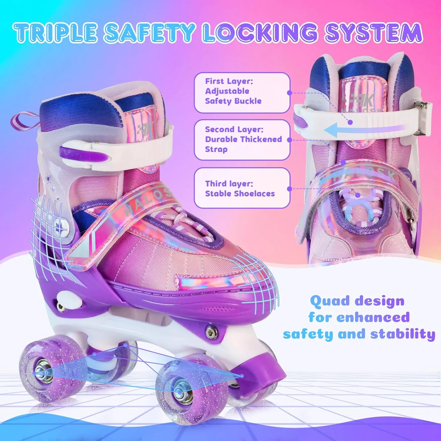 Girls Roller Skates for Kids Beginners Ages 5-12, Pink Purple Rainbow Adjustable Quad Rollerskates for Youth with All Light up Wheels Skating Shoes for Outdoor Sports