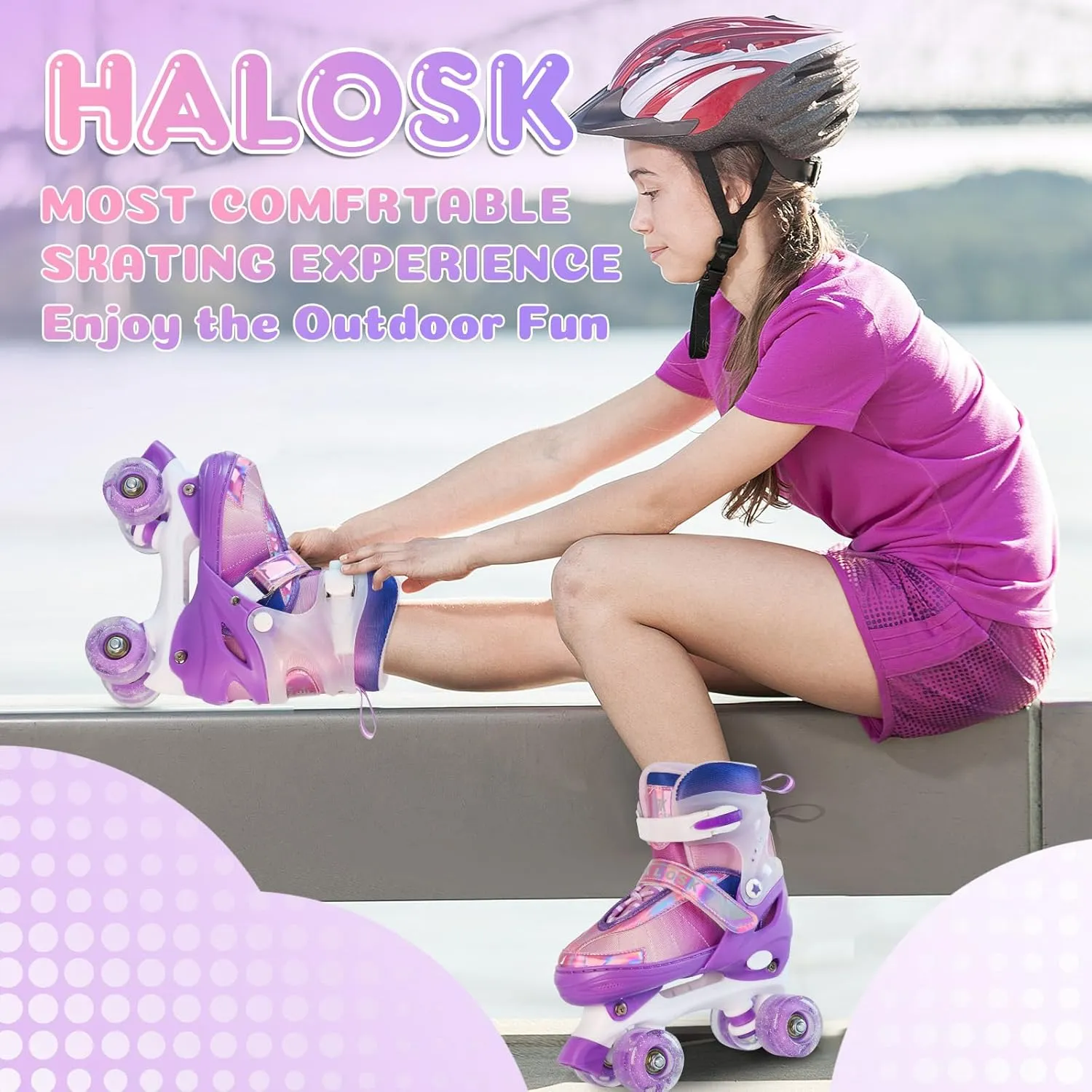 Girls Roller Skates for Kids Beginners Ages 5-12, Pink Purple Rainbow Adjustable Quad Rollerskates for Youth with All Light up Wheels Skating Shoes for Outdoor Sports