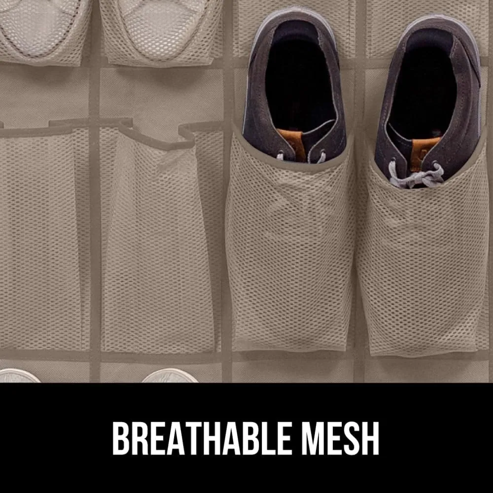 GORILLA GRIP Over the Door Shoe Organizer, 24 Large Breathable Mesh Pockets, Space Saving Hanging Storage Holder, Closet Rack Hanger Holds Up to 40 lbs, Hangs on Closets for Shoes, Accessories, Beige