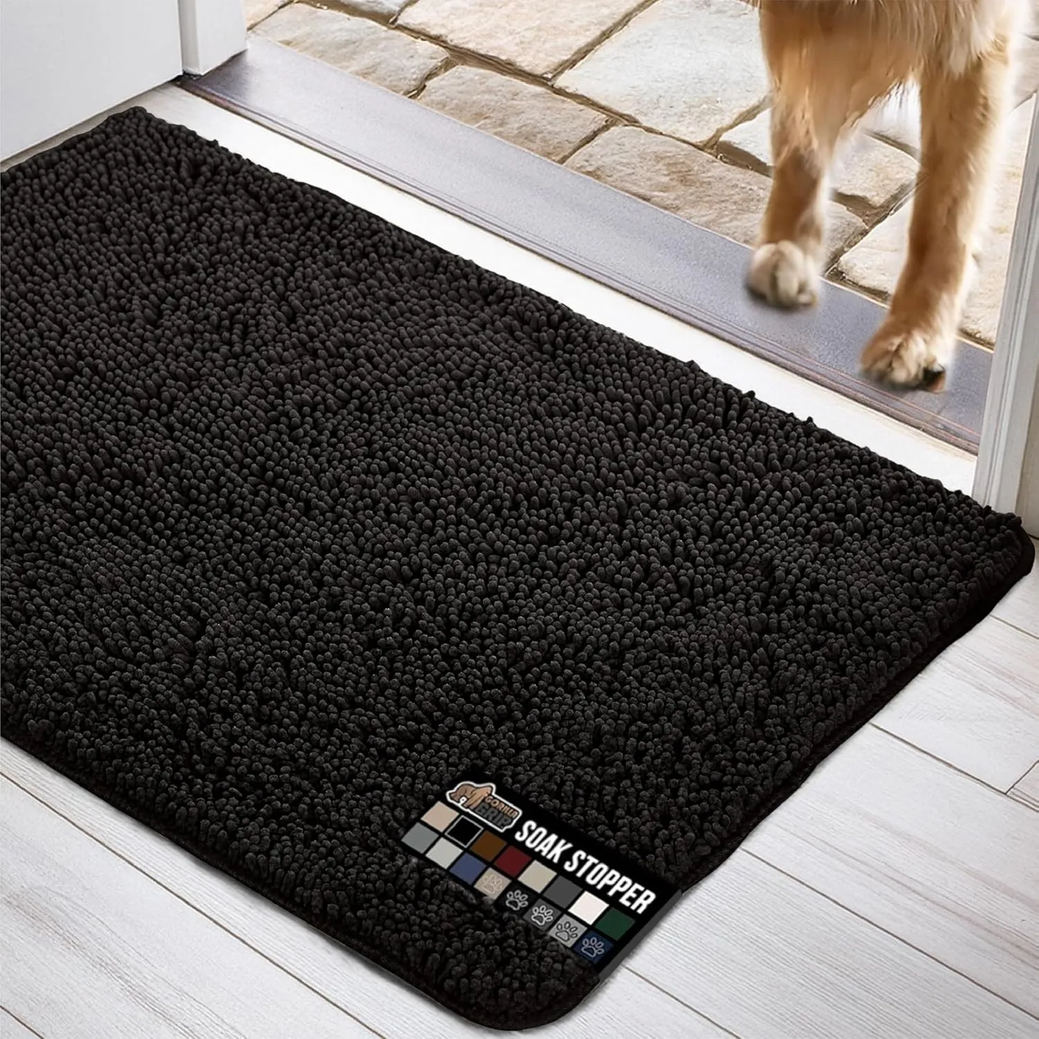 GORILLA GRIP Ultra Absorbent Grippy Doormat for Muddy Dog Paws, 60x36 Machine Washable Soakstopper Rugs Cleaner Floors, Bed Mat for Dirty Dogs, Indoor Entrance Door Rug Pet Bed Mats Black