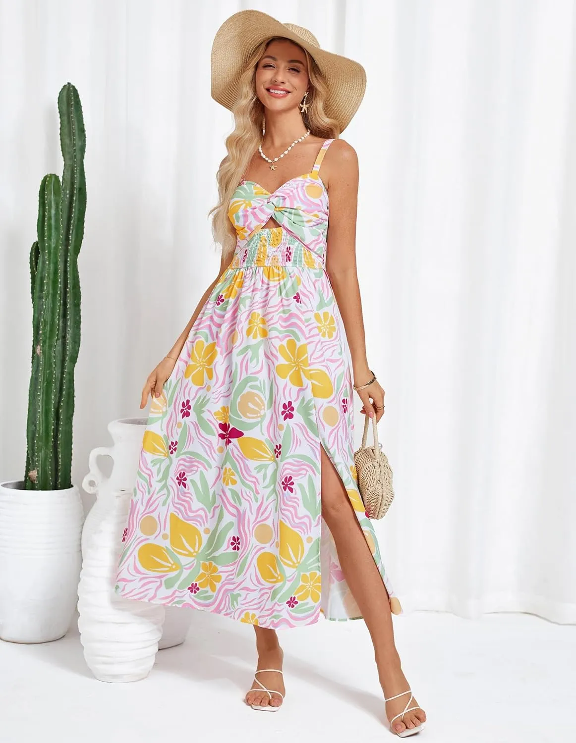 GRACE KARIN 2025 Women's Summer Spaghetti Strap Maxi Dress Smocked Floral Dress Sleeveless Boho Beach Sundress with Pockets