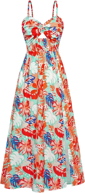 GRACE KARIN 2025 Women's Summer Spaghetti Strap Maxi Dress Smocked Floral Dress Sleeveless Boho Beach Sundress with Pockets