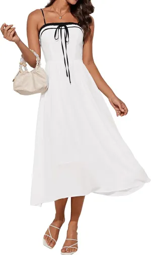 GRACE KARIN Women's 2025 Summer Spaghetti Strap Midi Dress Square Neck A Line Flowy Dress Tie Front Beach Sundress