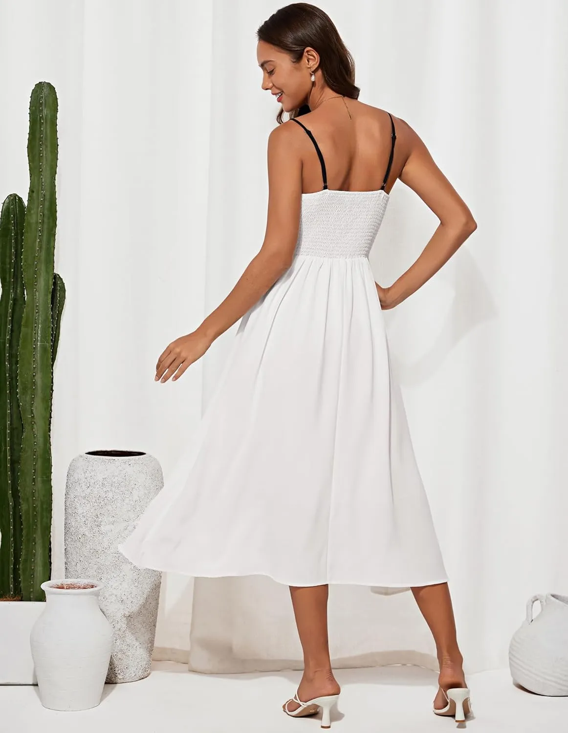 GRACE KARIN Women's 2025 Summer Spaghetti Strap Midi Dress Square Neck A Line Flowy Dress Tie Front Beach Sundress