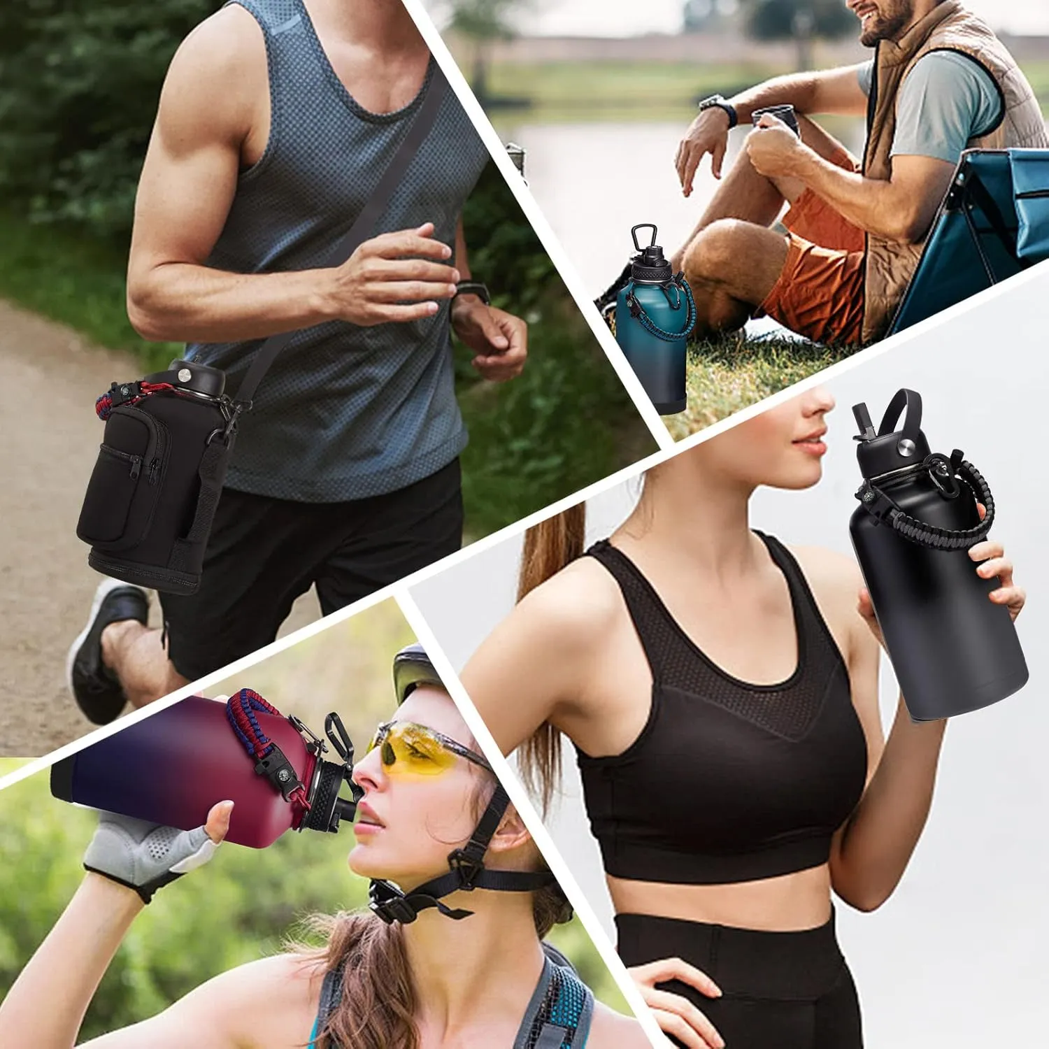 Half Gallon Insulated Water Bottle - with Straw & Spout Lid, Paracord Handle & Carrier Bag, Protective Cup Mat, 64oz Vacuum Stainless Steel Water Bottle, Metal Vacuum Flasks Keep Cold 48h Hot 24h