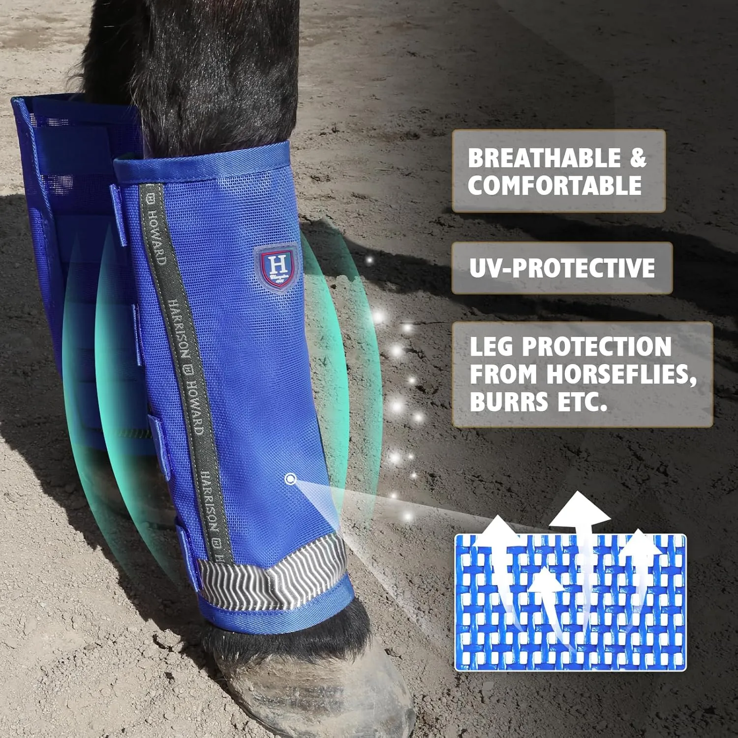 Harrison Howard Loose-Fitting Horse Fly Boots UV-Protective Breathable Fine Mesh Leggins Comfortable Fly Boots with Reflective Strips for Extra Safety (Set of 4) Signature Blue Cob (Medium)