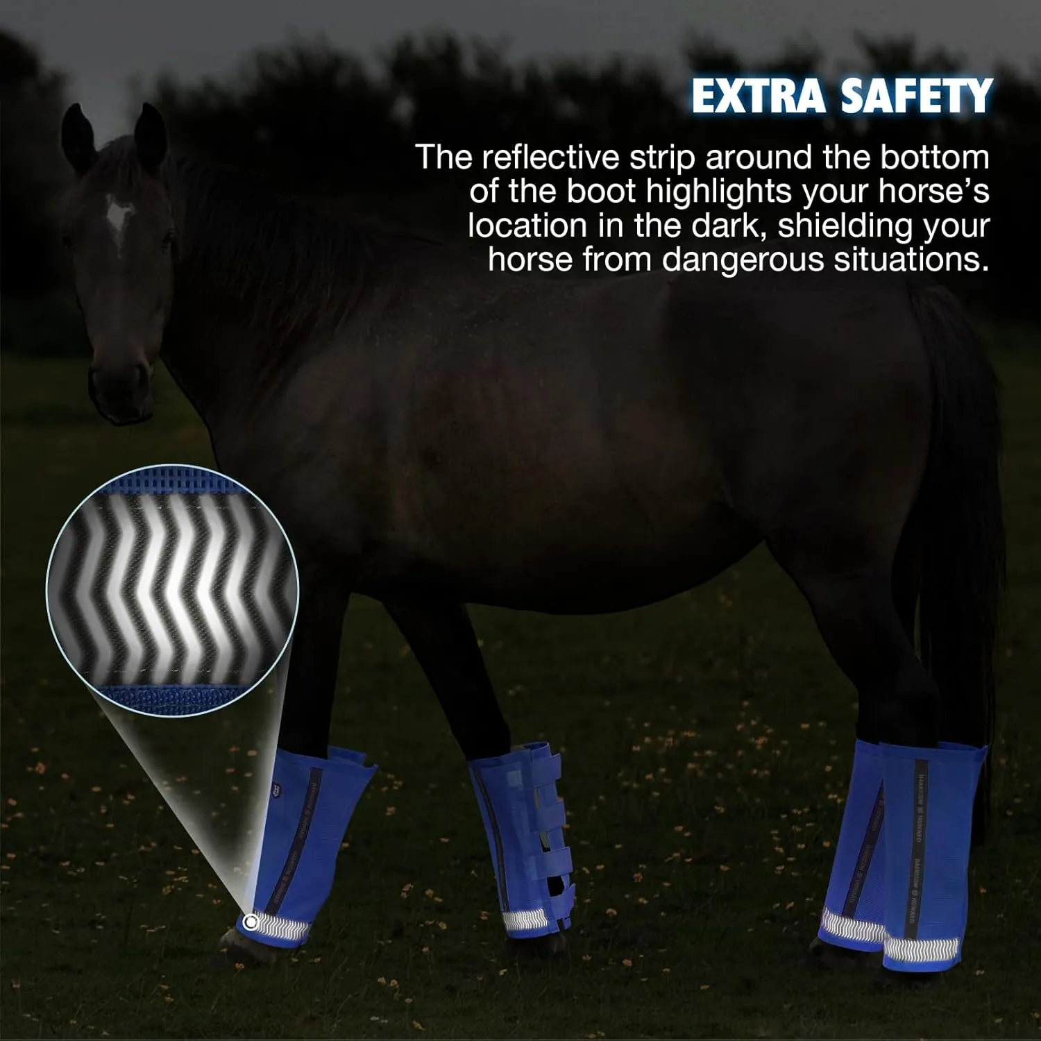 Harrison Howard Loose-Fitting Horse Fly Boots UV-Protective Breathable Fine Mesh Leggins Comfortable Fly Boots with Reflective Strips for Extra Safety (Set of 4) Signature Blue Cob (Medium)