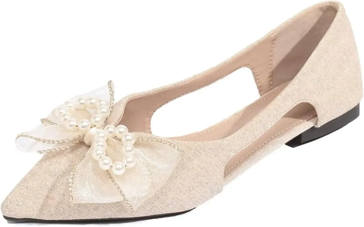 Hee grand Glitter Bow-Knot Pointed Toe Ballet Flats for Women Sparkling Crystals Fashion Wedding Dress Shoes Breathable Casual Slip On Loafers