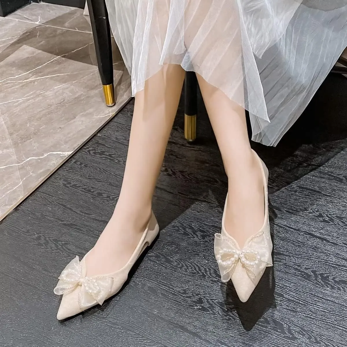 Hee grand Glitter Bow-Knot Pointed Toe Ballet Flats for Women Sparkling Crystals Fashion Wedding Dress Shoes Breathable Casual Slip On Loafers