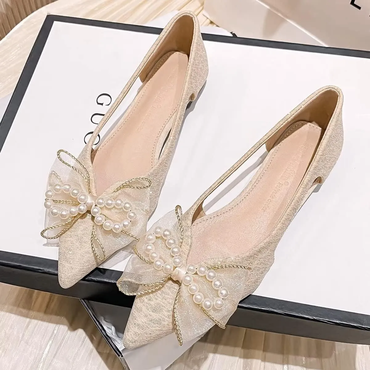 Hee grand Glitter Bow-Knot Pointed Toe Ballet Flats for Women Sparkling Crystals Fashion Wedding Dress Shoes Breathable Casual Slip On Loafers