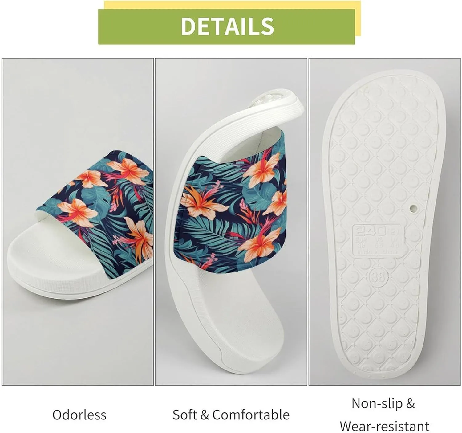 Home Slides Shower Sandals,Hawaii Tropical Flower Print Open Toe Slippers,Summer Beach Slides,Non-Slip Shower Shoes for Indoor And Outdoor