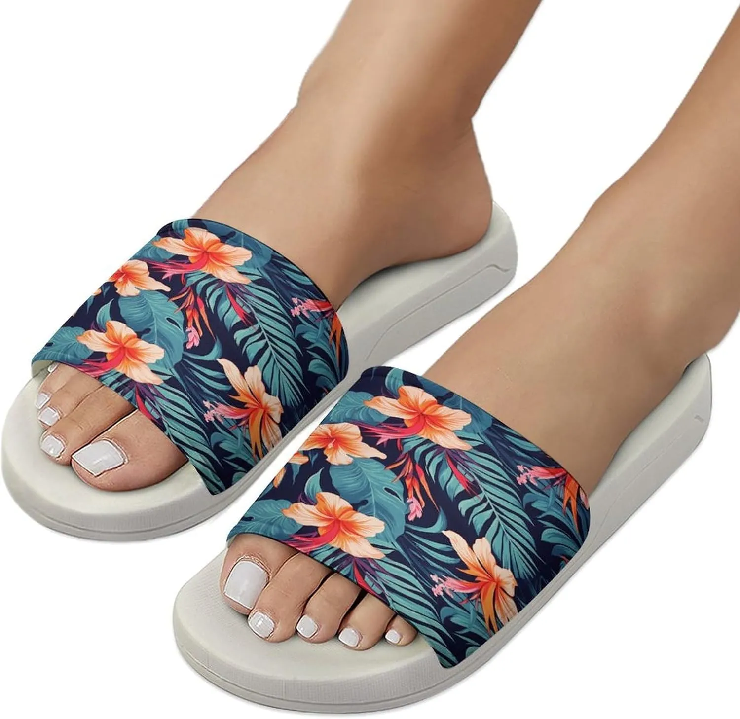 Home Slides Shower Sandals,Hawaii Tropical Flower Print Open Toe Slippers,Summer Beach Slides,Non-Slip Shower Shoes for Indoor And Outdoor